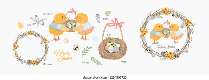 Happy Easter! Cute vector isolated objects and elements for Easter cards, posters, banners and invitations: chickens, a wreath of willow twigs, a nest with eggs, a feather, a quail egg, plants