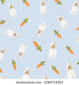 Happy Easter. Cute vector pattern with kawaii bunnies and carrots. Rabbits print design for greeting card, invitation or background. Wild animals background