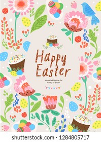 Happy easter! Cute vector poster, card or banner with floral ornament, festive background of flowers, eggs, Easter cake and plants, an egg-shaped frame, fun pattern
 
