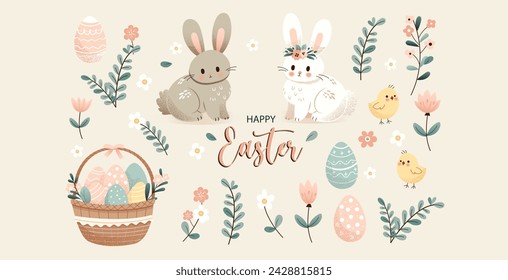  Happy Easter cute vector set. Rabbit, egg, flower, chicken, basket with eggs and other spring elements. Vector cartoon illustration