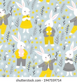 Happy Easter - cute vintage bunny with flowers and leaves vector illustration. Spring wild flowers vector print. Snowdrop vector print. Easter cards