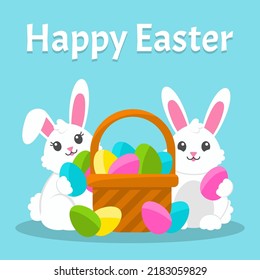 Feliz Pascua. Unos preciosos conejos blancos sostienen huevos de Pascua. Hermosa tarjeta de regalo. Ilustración vectorial plana de color aislada en fondo azul. Caricatura.