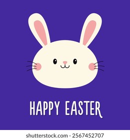 Happy Easter. Cute white bunny rabbit hare silhouette icon. Smiling face head. Pink cheeks. Kawaii cartoon funny baby character. Valentines Day. Greeting card. Blue background. Flat design. Vector