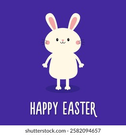 Happy Easter. Cute white bunny rabbit hare silhouette standing. Funny smiling face head. Pink cheeks. Kawaii cartoon baby character. Valentines Day. Greeting card. Blue background. Flat design. Vector