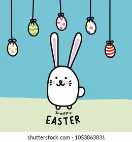 Happy Easter cute white rabbit and colorful egg cartoon vector illustration 