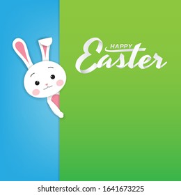 Happy Easter, A cute white rabbit with big signboard, Vector illustration