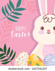 feliz Pascua conejo blanco lindo con pintura decorativa huevos follaje ilustración vectorial