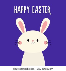 Happy Easter. Cute white rabbit bunny hare silhouette icon. Smiling face head. Pink cheeks. Kawaii cartoon funny baby character. Valentines Day. Greeting card. Blue background. Flat design. Vector