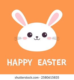 Happy Easter. Cute white rabbit bunny hare silhouette icon. Smiling face head. Pink cheeks. Kawaii cartoon funny baby character. Valentines Day. Greeting card. Orange background. Flat design. Vector