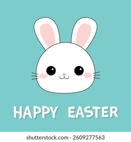 Happy Easter. Cute white rabbit bunny hare head face contour silhouette. Kawaii cartoon funny baby character. Pink cheeks, ears. Valentines Day. Greeting card. Blue background. Flat design. Vector