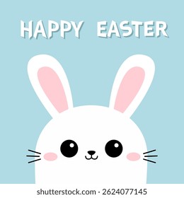 Happy Easter. Cute white rabbit bunny hare face head silhouette. Pink cheeks, ears. Kawaii cartoon funny baby character. Valentines Day. Greeting card. Blue background. Flat design. Vector