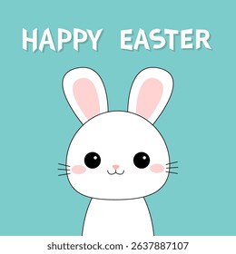 Happy Easter. Cute white rabbit bunny hare face head contour silhouette. Pink cheeks, ears. Kawaii cartoon funny baby character. Valentines Day. Greeting card. Blue background. Flat design. Vector