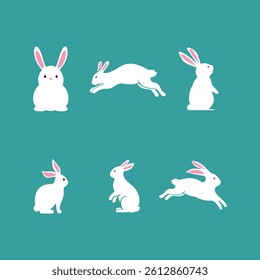 Happy Easter! Cute white rabbits in various poses. Rabbit animal icon. Bunnies For Moon Festival, Chinese Lunar Year of the Rabbit, Easter décor.