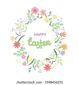 Feliz Pascua linda corona con flores y letras. Ilustración vectorial