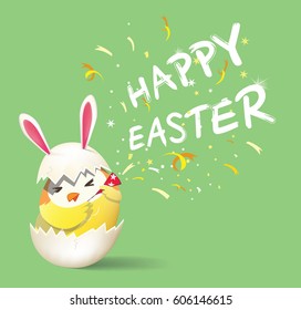 Happy Easter! Cute yellow rabbit chicken character with green background. Vector, illustration.