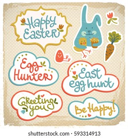 Happy easter cutout doodle decorative elements on fabric background with funny bunny and be happy greeting vector illustration