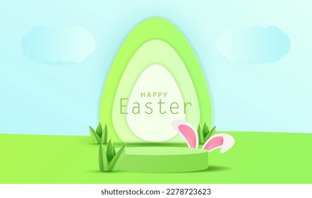 Happy Easter with cylinder display podium. Ear rabbit with paper eggs. Festive spring 3d composition. Realistic stage studio. Minimal background. Modern creative vector illustration.