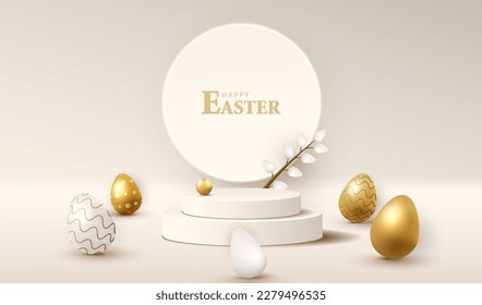 Happy Easter with cylinder display podium background. Stage with gold eggs and ball. Festive spring 3D composition. Studio with white backdrop. Modern creative vector illustration.