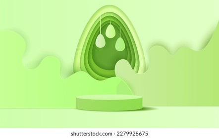 Happy Easter with cylinder display podium background. Stage with holiday paper cut eggs. Festive spring 3D composition. Studio with green backdrop. Nature creative vector illustration.