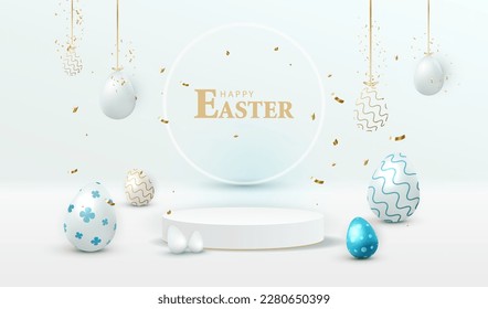 Happy Easter with cylinder display podium background. Stage with holiday eggs and conffetti. Festive spring 3D composition. Studio with white backdrop. Modern creative vector illustration.