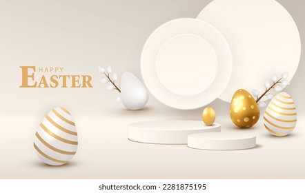 Feliz Pascua con fondo de podio de la pantalla del cilindro. Escenario con huevos dorados y blancos. Composición 3D de primavera festiva. Estudio con círculos geométricos en segundo plano. Ilustración vectorial creativa moderna.