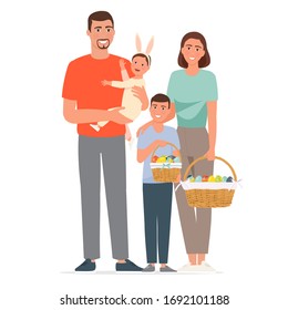 Happy easter. Dad holds on hands a daughter in a bunny suit near to his wife and son who hold baskets with eggs.