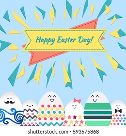 Happy easter with happy dancing eggs banner for print, wrap, fabric, greeting card. Vector