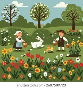 Happy Easter, Danish style Easter Card.
Danish kids with Easter Bunny.