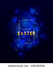 Happy Easter. Dark abstract  background with dynamic 3d blue spheres 
and gold lettering in abstract frame. Christian religion event. Festive banner. Modern cover design - Vector