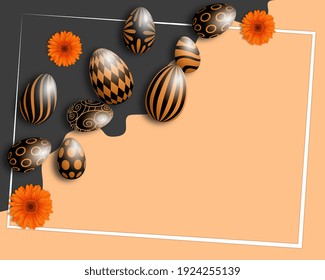 Feliz Pascua tarjeta oscura con flores anaranjadas y huevos de pascua desnudos