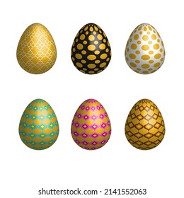 Happy Easter Day. 3D Easter eggs. Colorful Easter eggs on white background.
