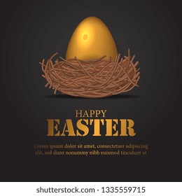 Happy Easter day with 3D realistic shiny decorative egg with bird nest on the black background. Poster, banner, ad, promotion. Vector illustration