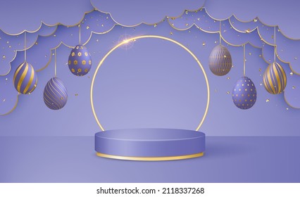 Happy Easter Day 3d scene with paper cut clouds, podium platform, Easter eggs garlands and confetti in trendy colors Very Peri. Vector illustration.