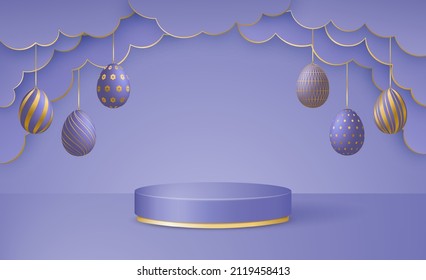 Feliz Día de Pascua 3d escena con nubes cortadas de papel, plataforma de podio y guirnaldas de huevos de Pascua en colores de moda Muy Peri. Ilustración vectorial.
