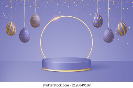 Happy Easter Day 3d scene with podium platform, Easter eggs garlands and confetti in trendy colors Very Peri. vector illustration.