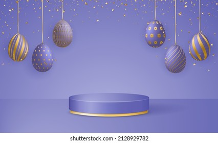 Happy Easter Day 3d scene with podium platform, Easter eggs garlands and confetti in trendy colors Very Peri. vector illustration.