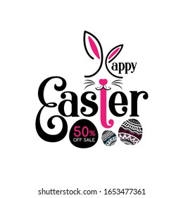 Happy Easter Day 50% off sale. Cute eggs and rabbit. Vector illustration.