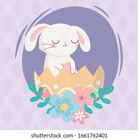 happy easter day, adorable rabbit in eggshell flowers foliage vector illustration