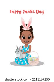 Happy Easter Day with American African Girl in Flower Dress Setting on the Floor with Rabbit and Eggs Basket Cartoon Vector