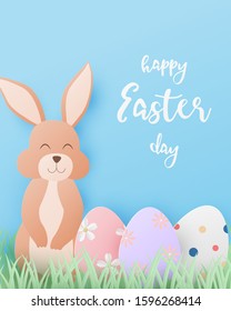 Happy Easter day background with bunny and eggs in paper cut style. Digital craft paper art.