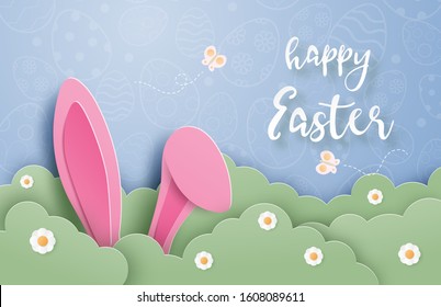 Happy Easter day background with bunny hide in grass in paper cut style. Digital craft paper art. Poster, banner, backdrop, wallpaper.