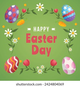 Happy Easter Day. Easter background. Cartoon Vector illustration design for Poster, Banner, Greeting, Card, Post, Cover, Flyer, Promotion. March 31. Christian festival. Easter Sunday celebration.