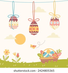 Happy Easter Day. Easter background. Cartoon Vector illustration design for Poster, Banner, Greeting, Card, Post, Cover, Flyer, Promotion. March 31. Christian festival. Easter Sunday celebration.