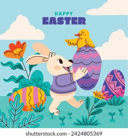 Happy Easter Day. Easter background. Cartoon Vector illustration design for Poster, Banner, Greeting, Card, Post, Cover, Flyer, Promotion. March 31. Christian festival. Easter Sunday celebration.