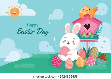 Happy Easter Day. Easter background. Cartoon Vector illustration design for Poster, Banner, Greeting, Card, Post, Cover, Flyer, Promotion. March 31. Christian festival. Easter Sunday celebration.