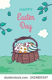 Happy Easter Day. Easter background. Cartoon Vector illustration design for Poster, Banner, Greeting, Card, Post, Cover, Flyer, Promotion. March 31. Christian festival. Easter Sunday celebration.