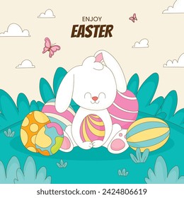 Happy Easter Day. Easter background. Cartoon Vector illustration design for Poster, Banner, Greeting, Card, Post, Cover, Flyer, Promotion. March 31. Christian festival. Easter Sunday celebration.