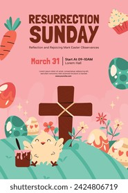 Happy Easter Day. Easter background. Cartoon Vector illustration design for Poster, Banner, Greeting, Card, Post, Cover, Flyer, Promotion. March 31. Christian festival. Easter Sunday celebration.