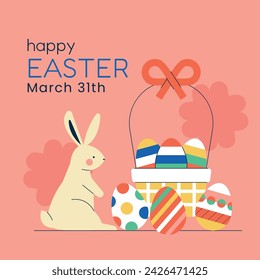 Happy Easter Day. Easter background. Cartoon Vector illustration design for Poster, Banner, Greeting, Card, Post, Cover, Flyer, Promotion. March 31. Christian festival. Easter Sunday celebration.