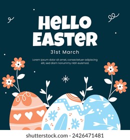 Happy Easter Day. Easter background. Cartoon Vector illustration design for Poster, Banner, Greeting, Card, Post, Cover, Flyer, Promotion. March 31. Christian festival. Easter Sunday celebration.